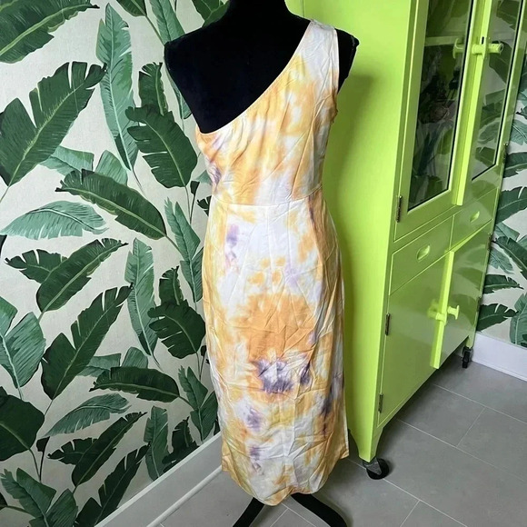 One Shoulder Yellow Tie Dye Midi Dress M US 6 - Picture 4 of 4